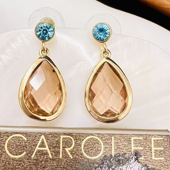 Vintage Carolee Rhinestone Crystal Earrings Dangle Blue Brown Gold Pierced 1361 - Picture 1 of 12